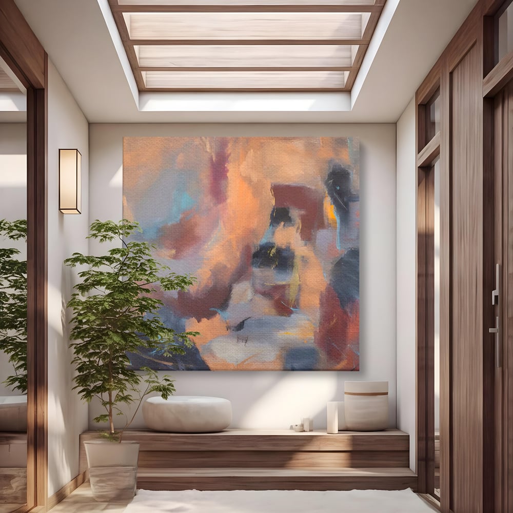 Tablou canvas cu pictura abstracta patrata cu maro, fara rama, pe sasiu de lemn